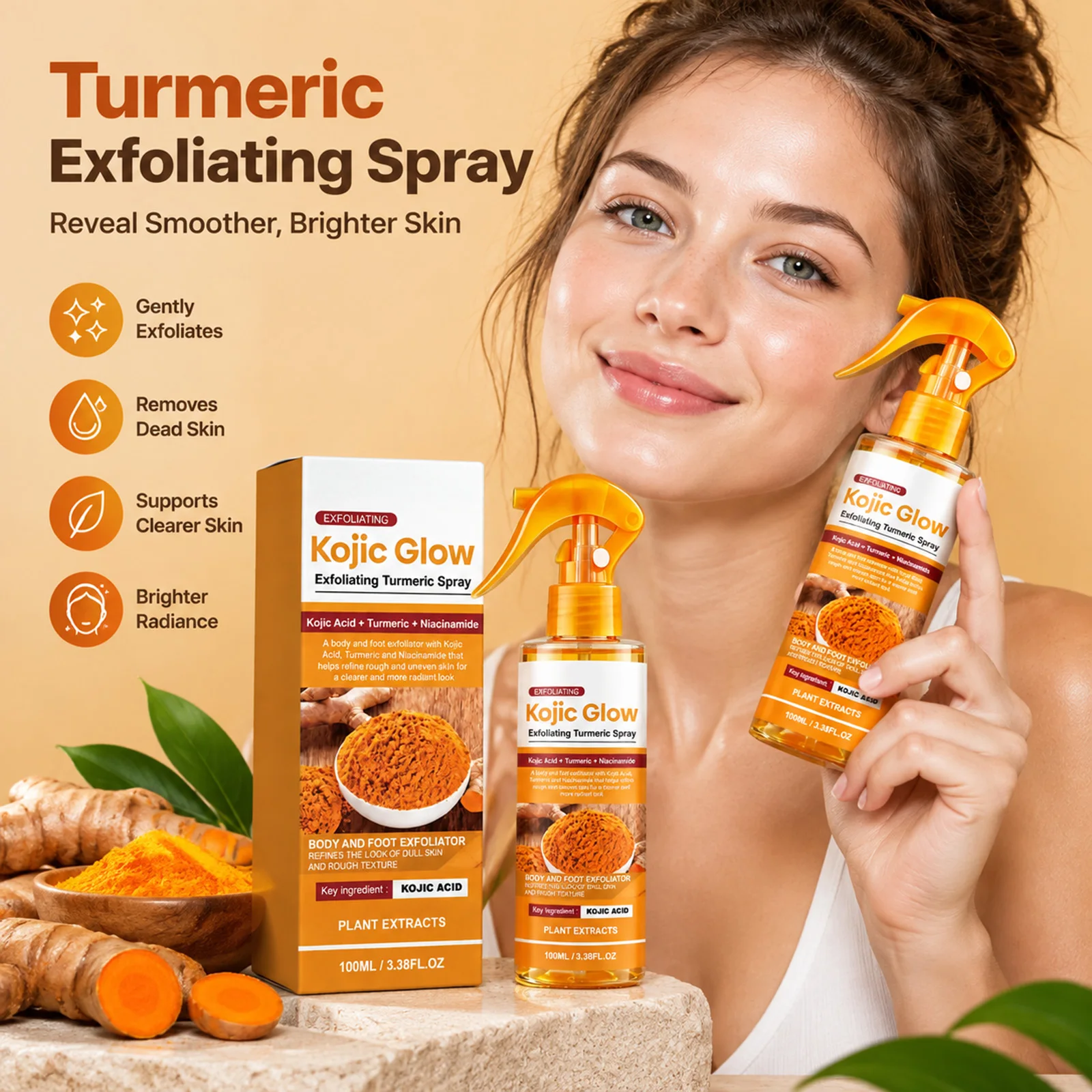 Exfoliating Turmeric Kojic Acid Spray Exfoliator Remove Dead Skin Refine Rough Uneven Texture for Elbow Knee Heel Radiant Look