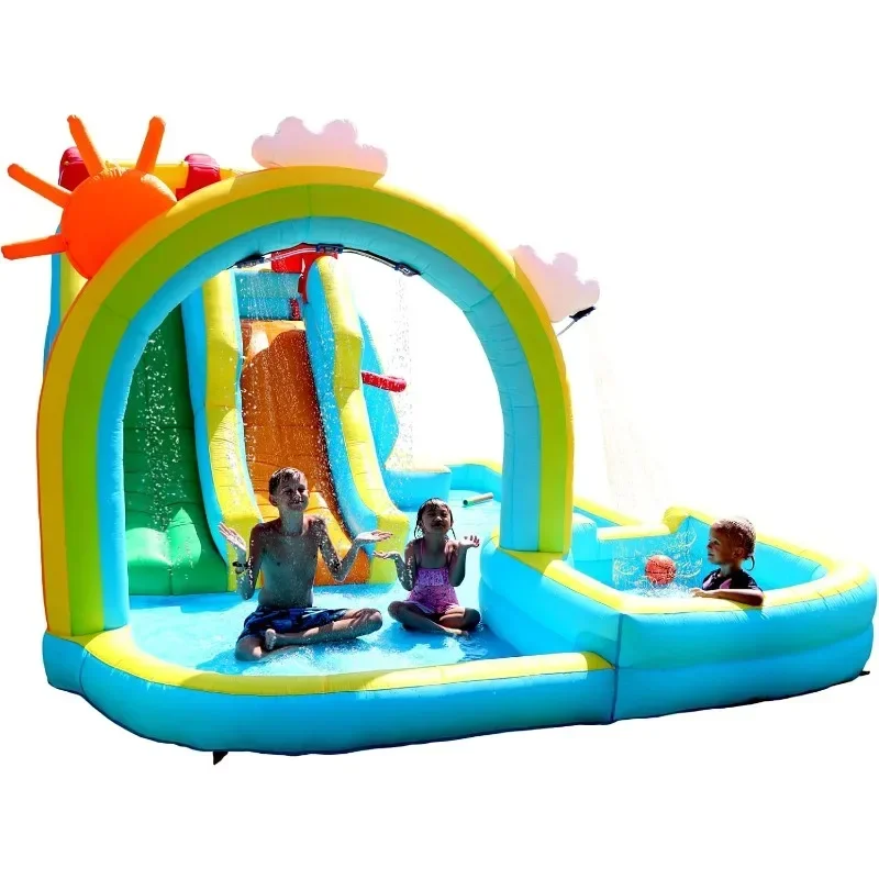 Inflatable Water Double Slides Park Blower, Bouncy Castle with Rainbow Water Curtain, Shooting and Rock Climbing