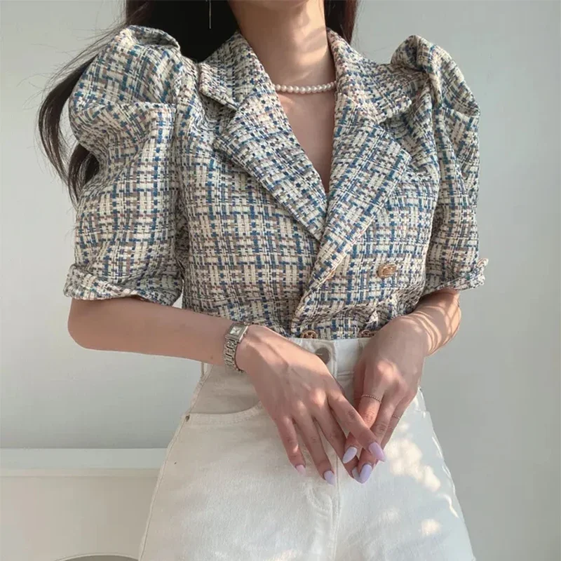 Neploe 2024 Summer Chic Vintage Fragrance Style Suit Collar Jackets Femme Contrast Plaid Double Breasted Puff Sleeve Short Coat