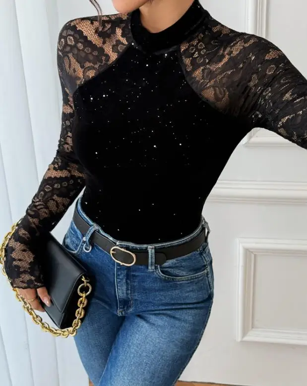 2026 Autunno elegante nuova moda casual retrò festa stile sexy ed elegante mezzo collo alto alla tuta in pizzo