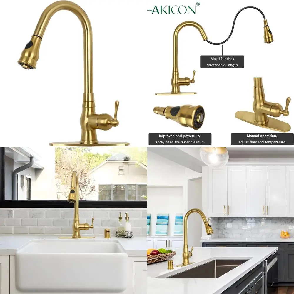 Single Level Solid Brass Pull-Down Kitchen Faucet with Deck Plate in Brushed Gold Finish