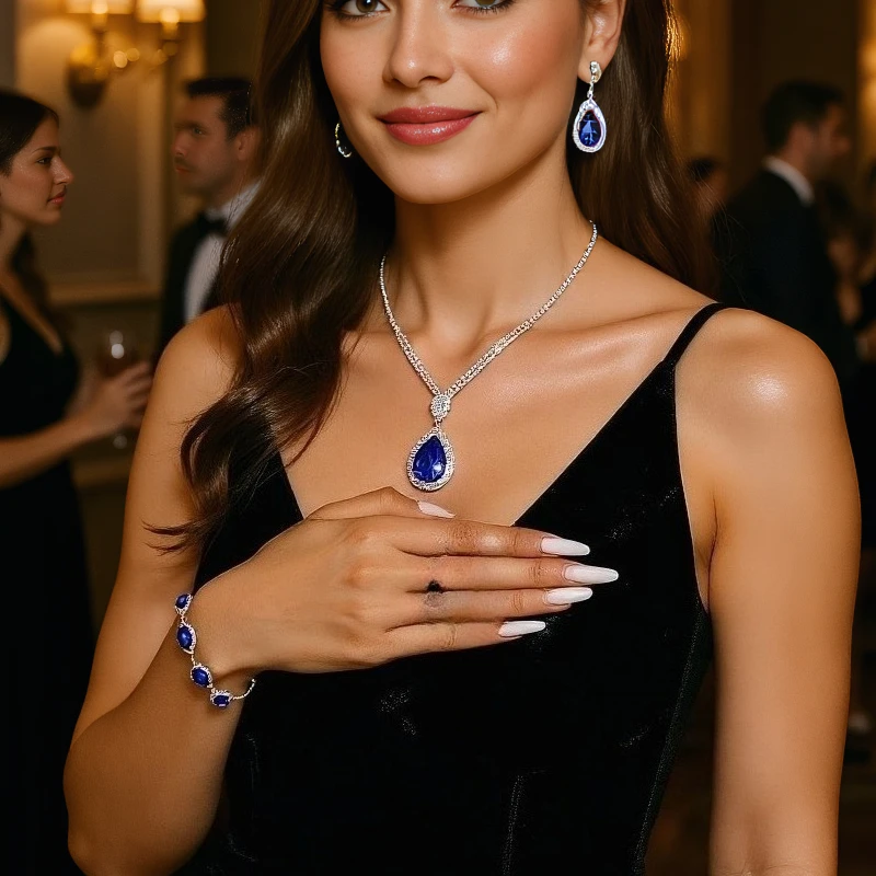 

4pcs Elegant Vintage Jewelry Set for Women Blue Water Drop Necklace Shiny Crystal Choker Bridal Wedding Earrings Party