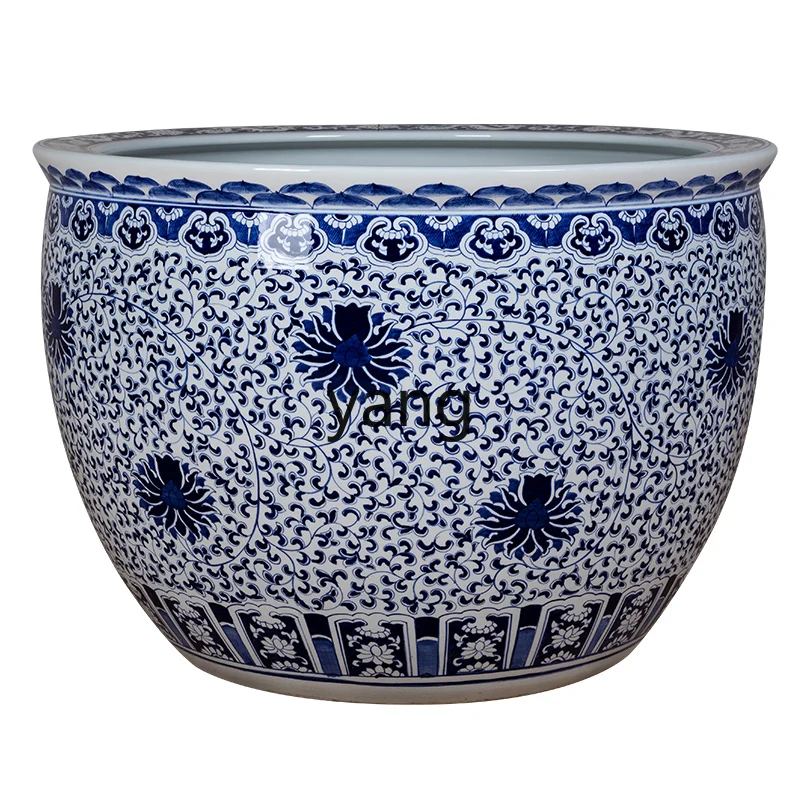 LH， ceramic vat hand painted blue and white fish pot outdoor courtyard balcony tree tank