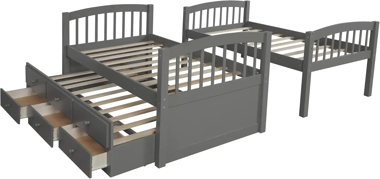 P PURLOVE Solid Wood Bunk Bed Twin Over Twin Bunk Bed with Trundle Bunk Bed with Three Storage Drawers with Safety Guard Rail