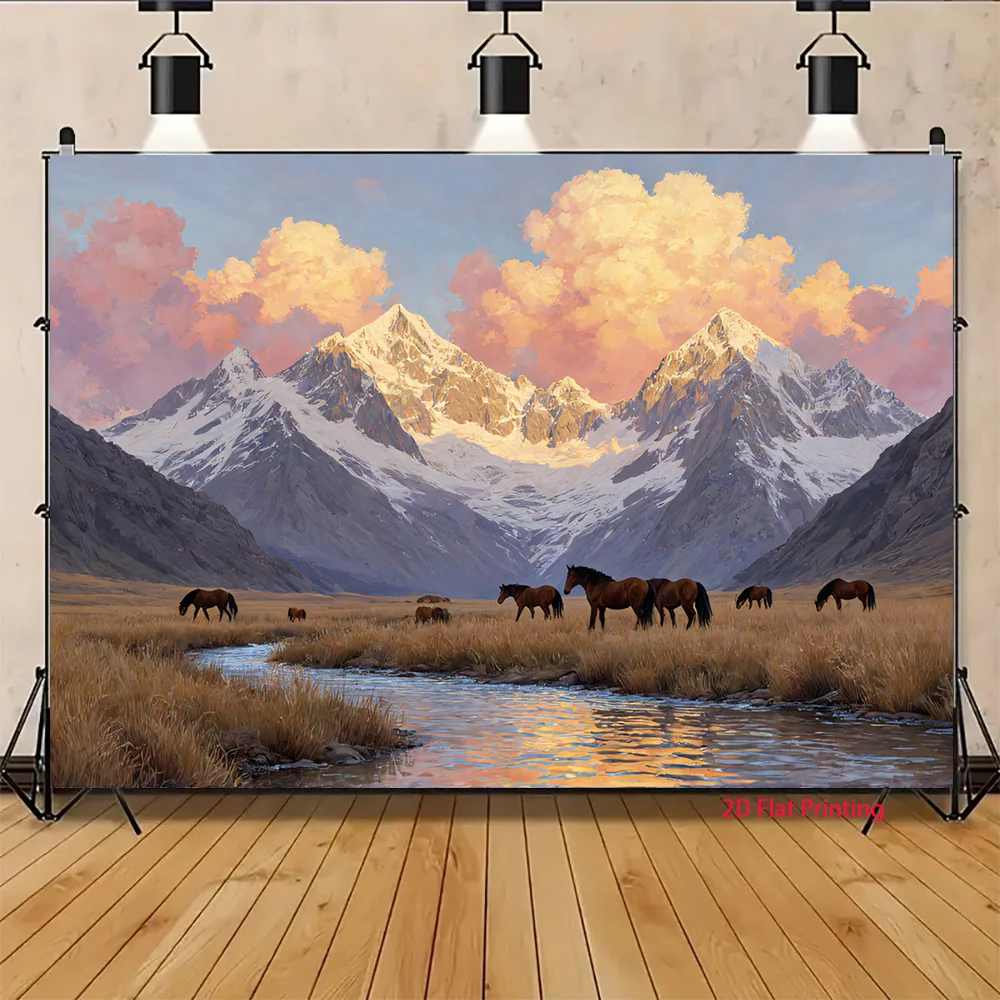 Majestic Mountain Range Landscape Tapestry Boho Wall Art Horse Wild Nature Mural Print Canvas Decoration for Bedroom Living Room