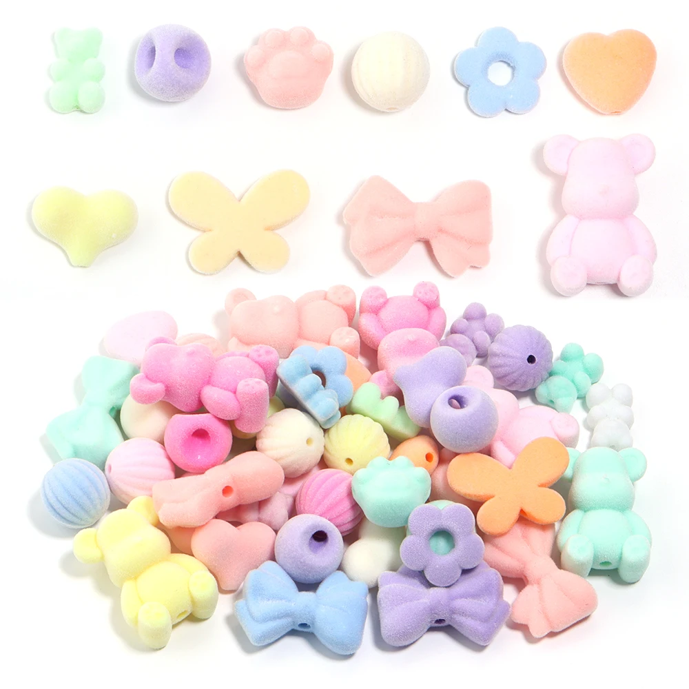 10Pcs/Lot Colorful Velvet Acrylic Beads Love Heart Butterfly Bear Loose Beads For DIY Crafts Ornament Making Finding Accessories