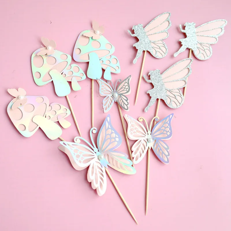 3pcs Paper Fairy Mushroom Pearl Cake Toppers Butterfly Cake Decoration for Birthday Wedding Party Decor Cake Decorating Supplies