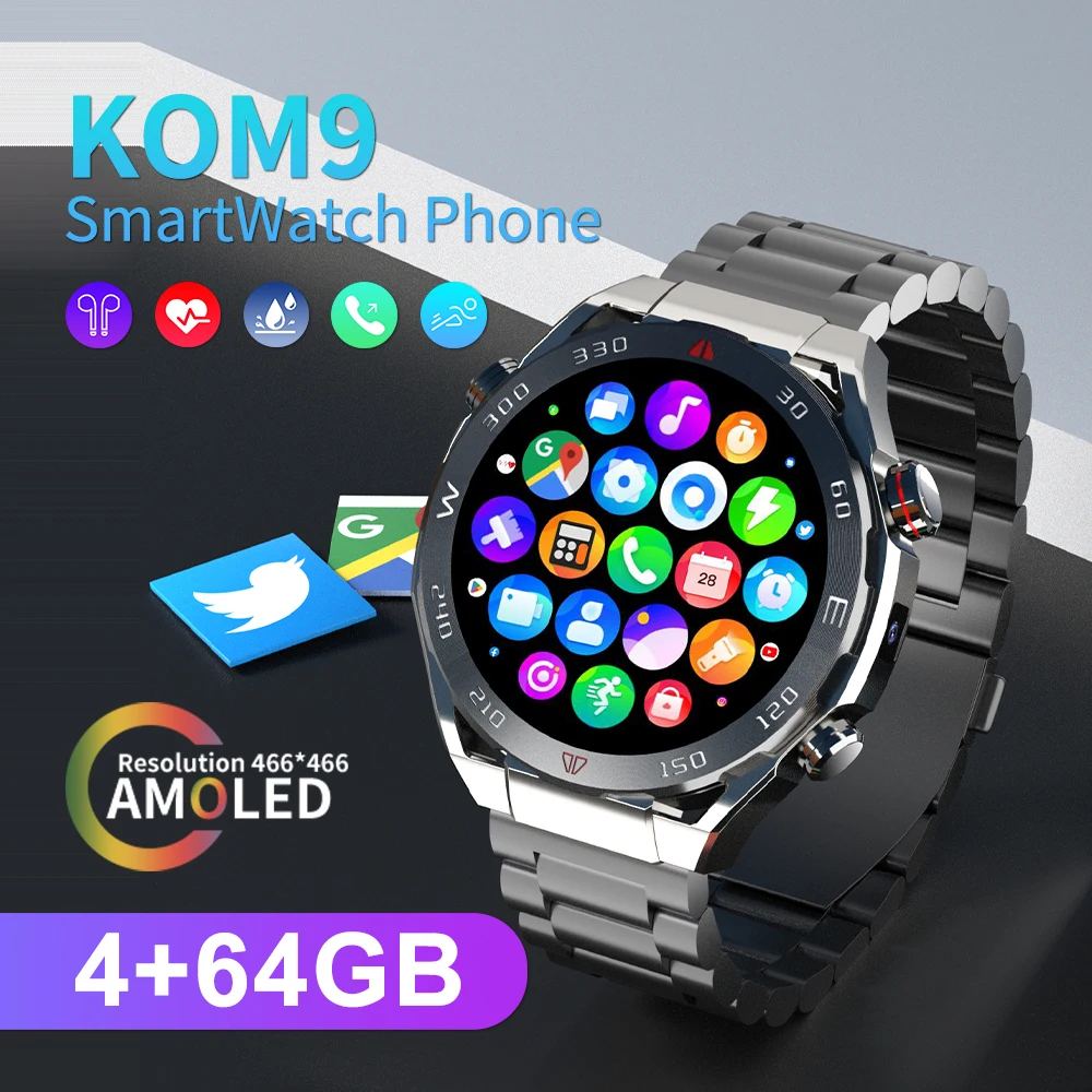 XUESEVEN KOM9 4G LTE Smartwatch GPS Wifi SIM Card Camera Call Waterproof Google Play Store Heart Rate Android Smart Watch 2024