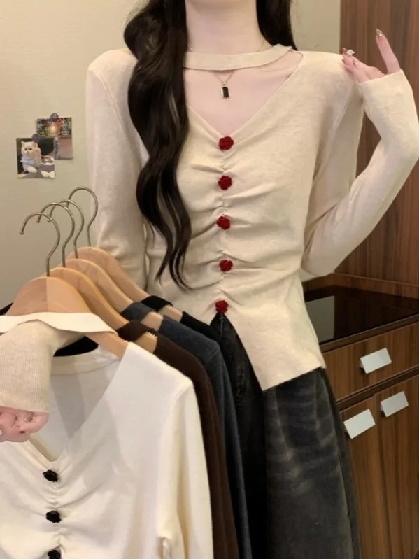 

Высококачественный вязаный свитер в стиле ретро V-Ne Long Sve, женский осенний тонкий свитер с 3D цветами в сложенном виде, корейский свитер для поездок на работу