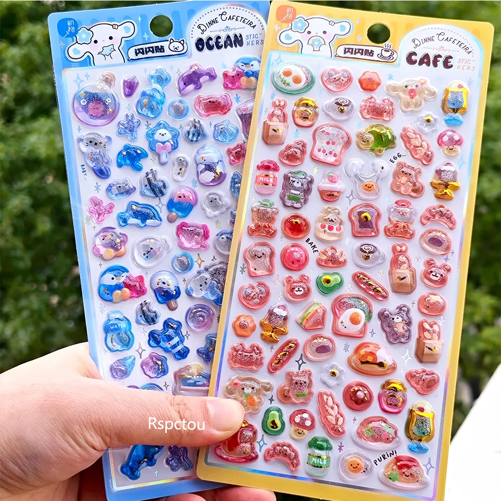 4pcs Kawaii Cartoon Animals Food Sweet Drop 3D Relief Stickers Fun Cute Decal Laptop Phone Case Diary Decoration Crystal Sticker