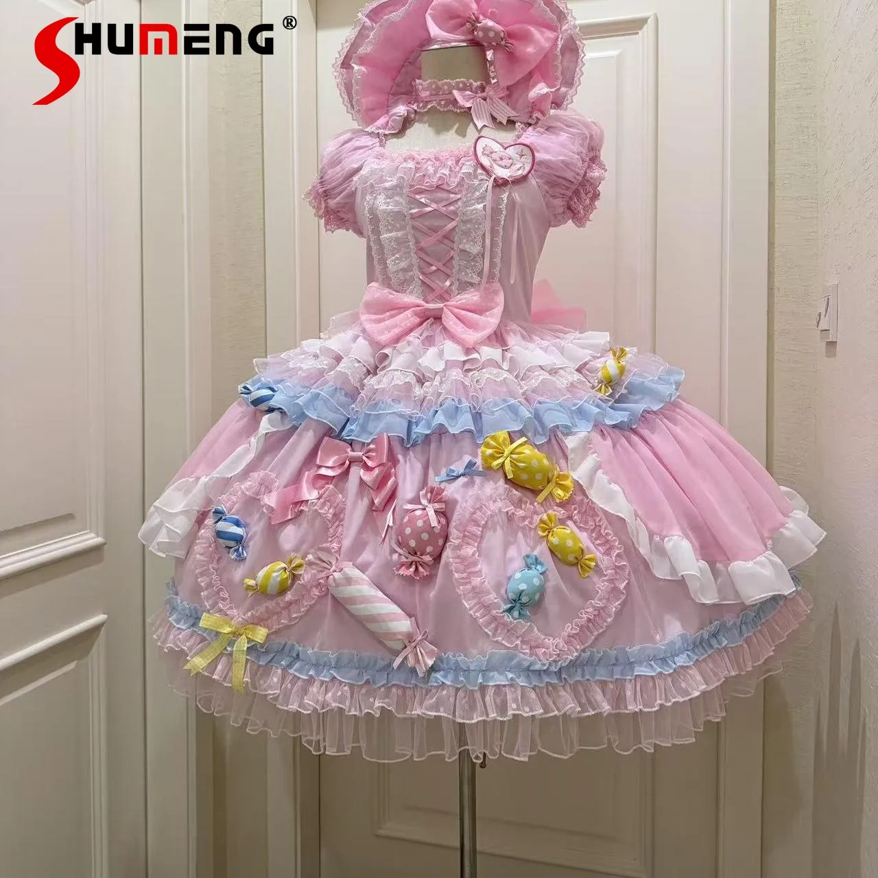 

Japanese Style Elegant Sweet Cute Princess Dresses Square Neck Puff Sleeve High Waist Bow Slim Kawaii Lolita Puffy Dress Women