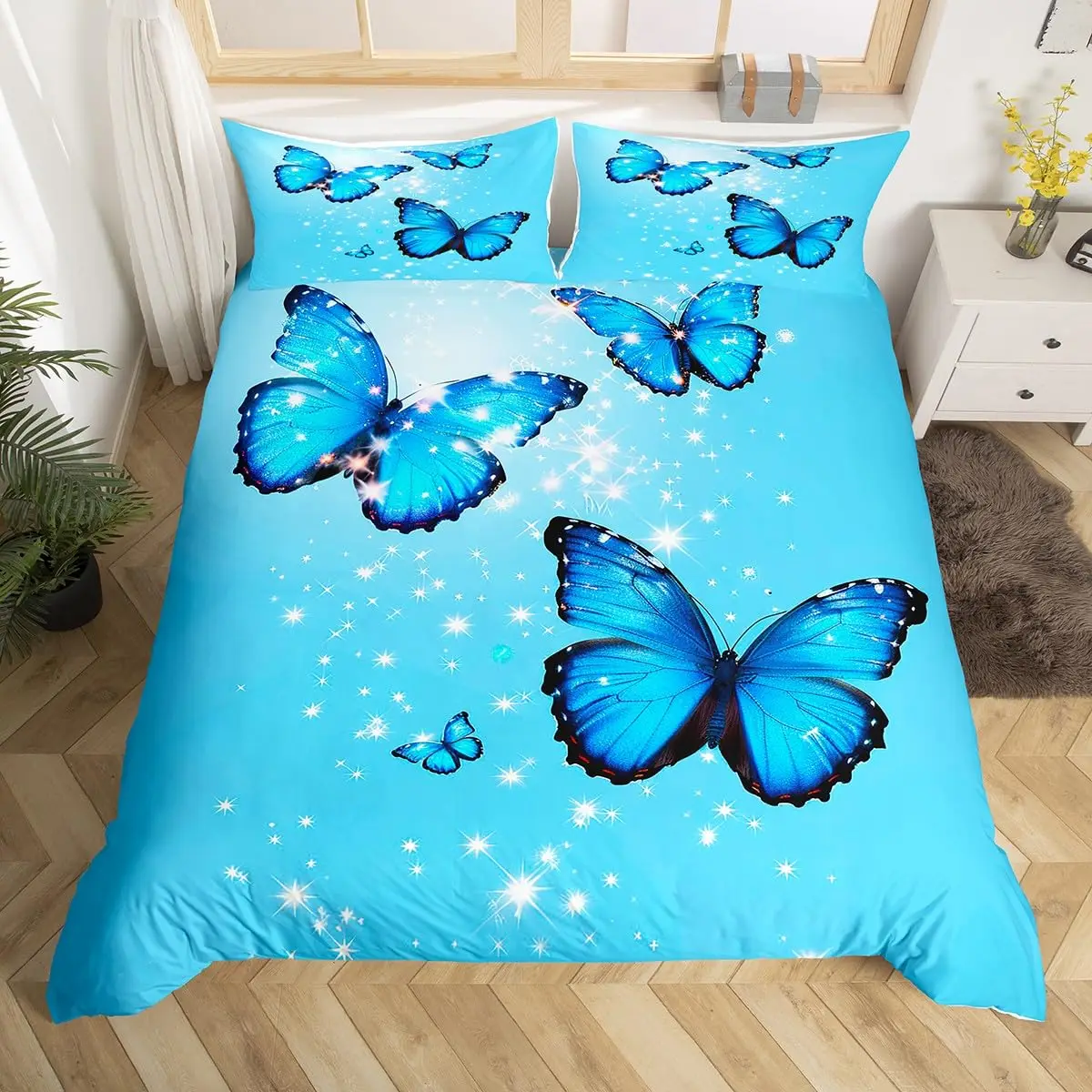 Butterfly Duvet Cover Blue Butterflies Bedding Set Girls Flying Butterfly Comforter Cover Animal Quilt Cover with 2 Pillow Case