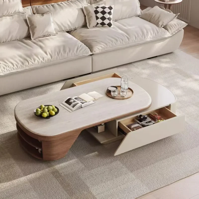 Modern Living Room Coffee Table with Wheels Removable TV Stand Combo Walnut Travertine Rock Slab Storage 2025 New Design