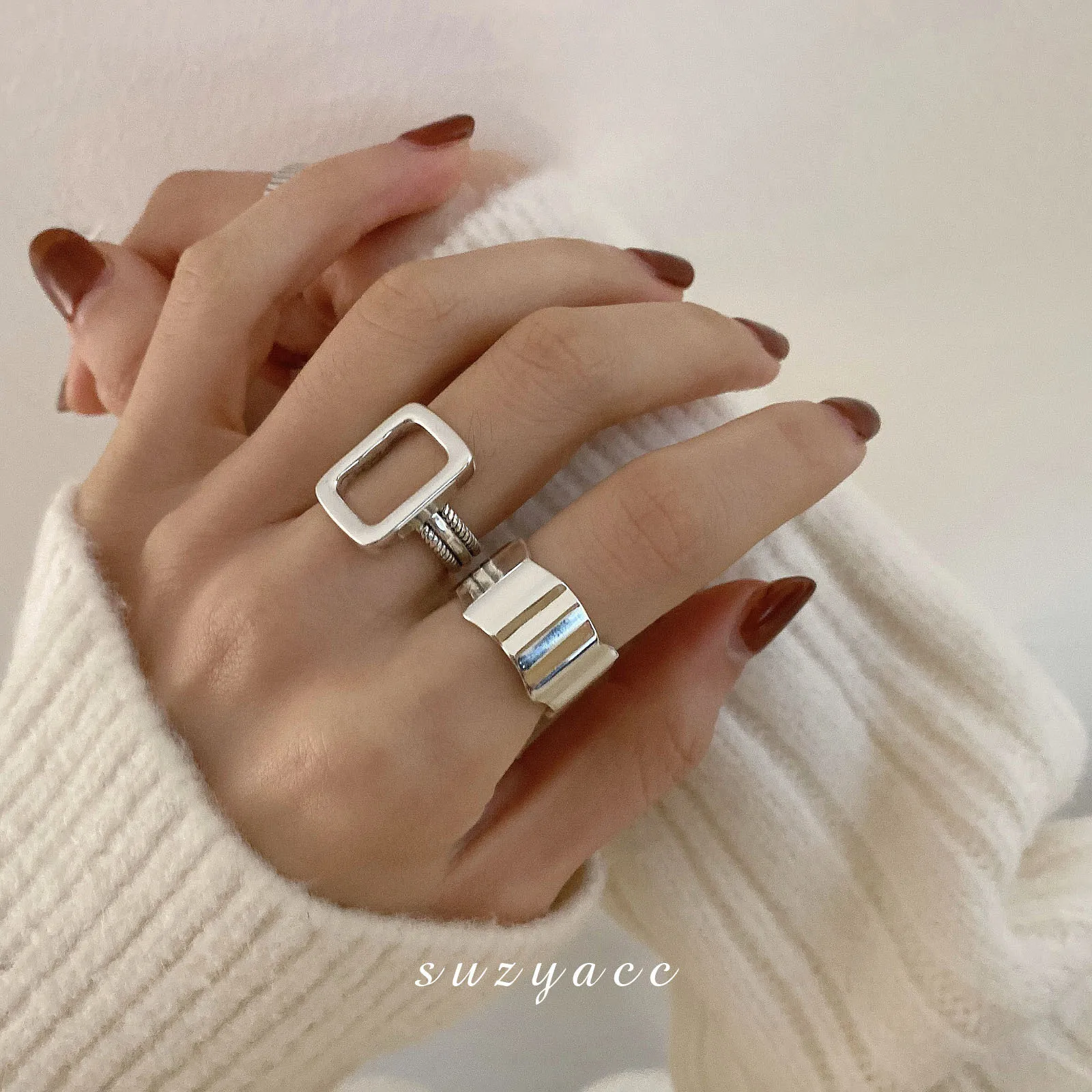 

PANJBJ 925 Sterling Silver Geometric Ring for Women Girl Hollow Individuality Trendy Jewelry Birthday Gift Dropshipping