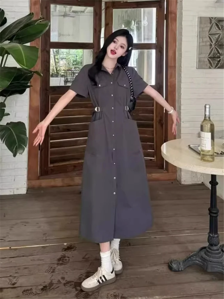 

plus Size Casual Workwear Style Short Sleeve Dress Women Summer Waist Cinching Slimming Midi Dress Korean Style A-Line Skirt