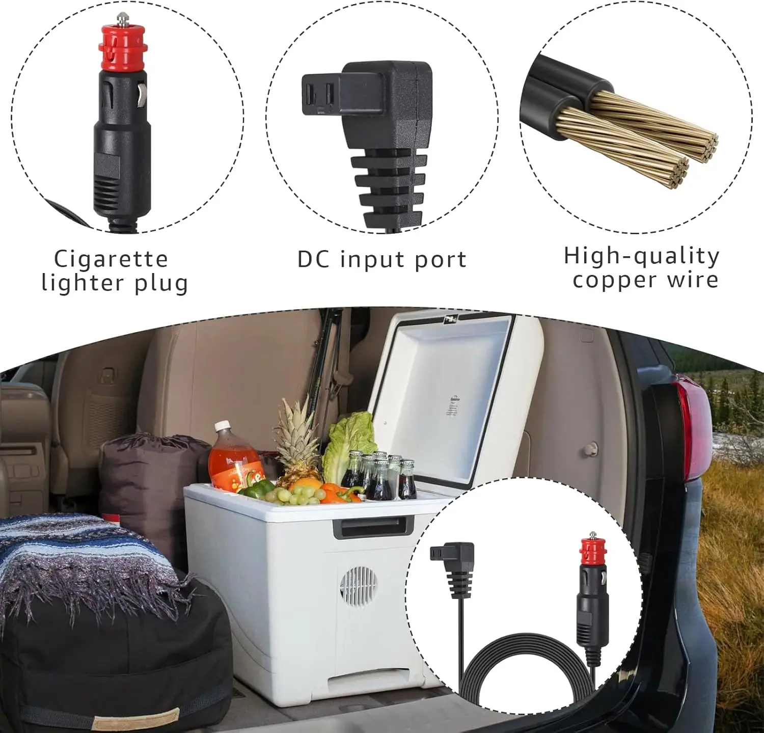 DC power cord for car refrigerator, suitable for DC 12V portable compressor cooler car refrigerator freezer power cord