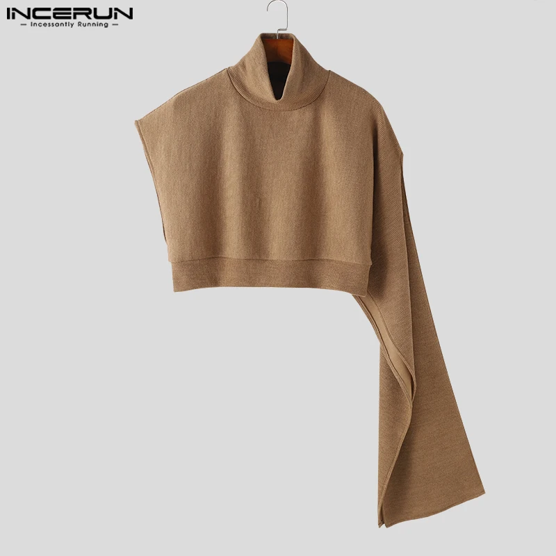 INCERUN Tops 2023 Korean Style Men\'s Cape Knitted High Necked Pullovers Stylish Irregular Cape Knitted Turtleneck Sweater S-5XL