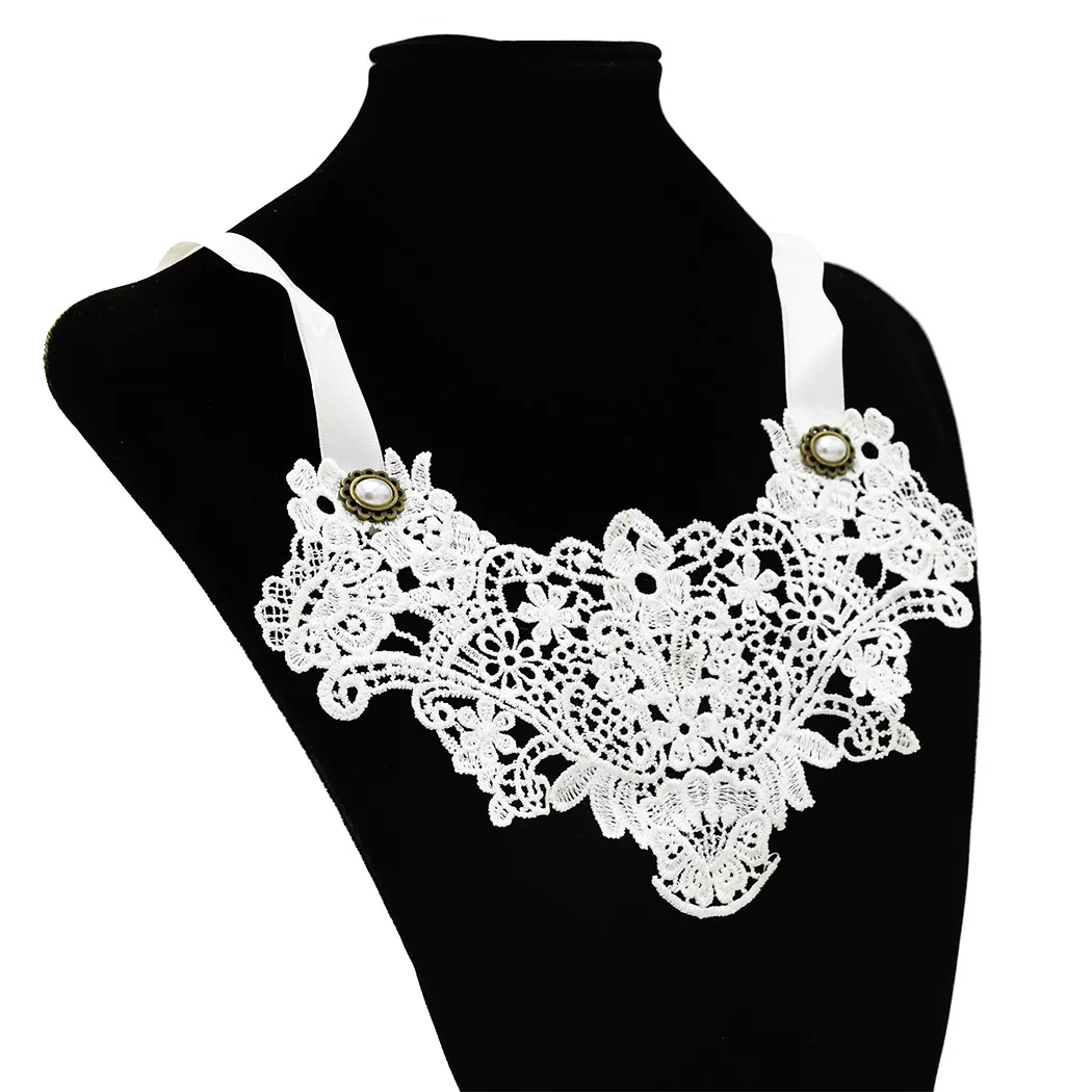 Adjustable Silk Ribbon Lace Bib Necklace For Women Elegant Imitation Pearl Sexy White Lace Wedding Bride Jewelry Accessories