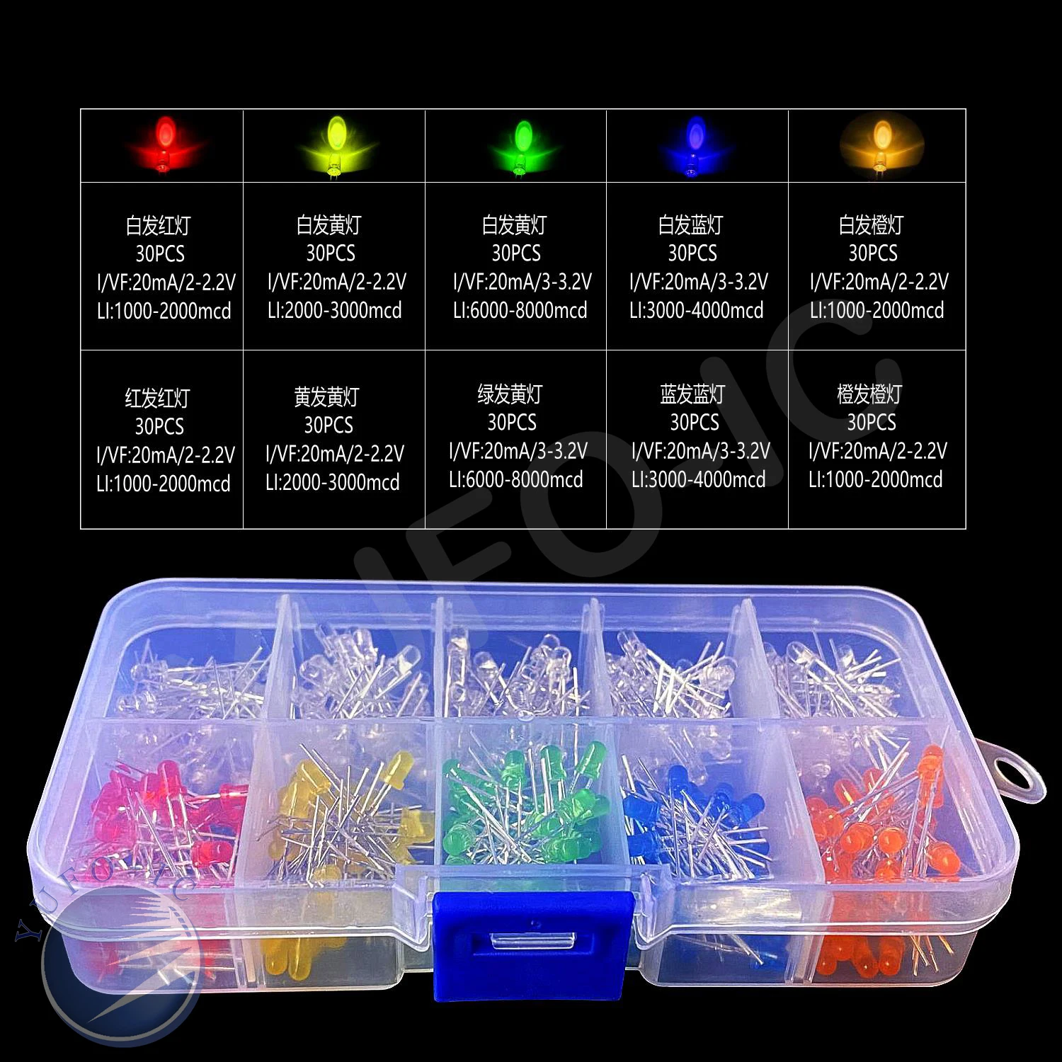 1box 300pcs Transparent Cover LED Light Emitting Assorted Set F3 Mm Led Kit Colour Green Blue Orange Red Yellow Mix Clour 