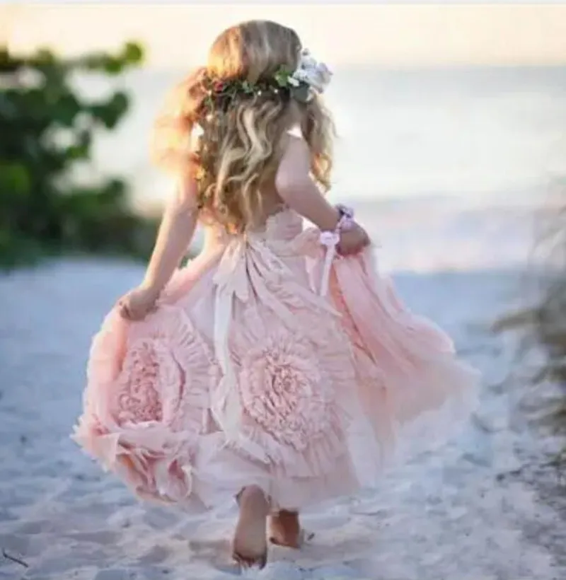 Pink Ruffles Girls Birthday Dress Daminha Vestidos Lace Tulle Flower Girl Dresses For Weddings Kid Prom Pageant Gown