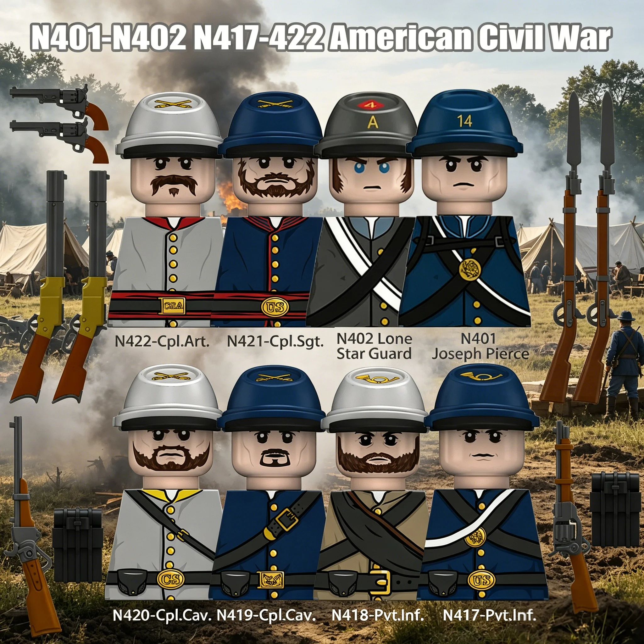 MOC Figuras de Soldados dos EUA da Guerra Civil Americana, Blocos de Montar, Capitão, Sargento, Infantaria, Armas, Tropas, Brinquedos Militares