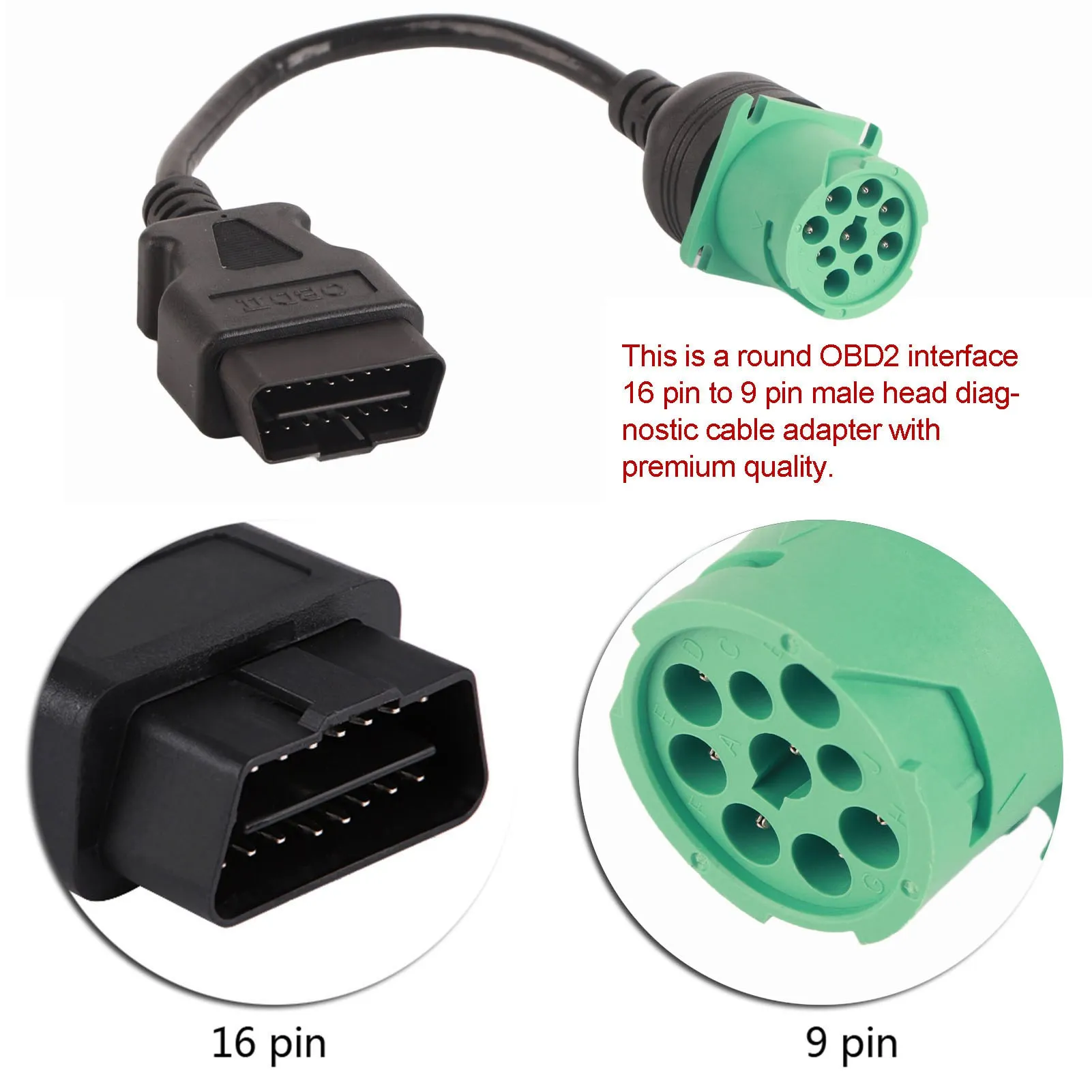 9 Pin Male Head to 16 Pin OBD2 Truck Diagnostic Scanner Cable Adapter for Cummins Diesel Engine