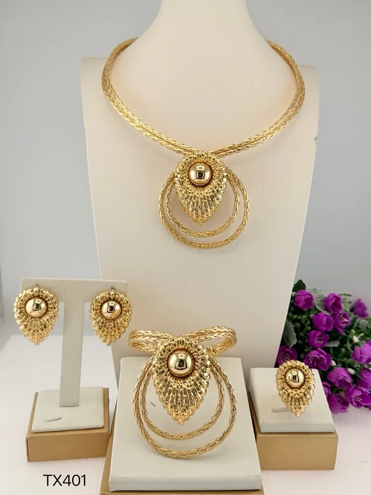 New Braided Collar Jewelry Set Women Textured Teardrop Pendant Statement Necklace Drop Earrings Cuff Bracelet Open Ring Luxury