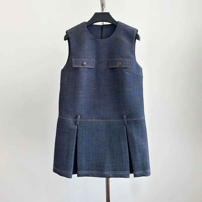 فستان جينز أمريكي عتيق الطراز بخصر مرتفع بدون أكمام بأسلوب فتياتي للارتداء اليومي من قماش ناعم قليل التمدد للصيف #2