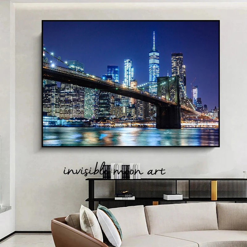 New York City Manhattan Skyline Sunset Night Lights Landscape Art Poster Canvas Painting Wall Prints Picture for Room Home Decor