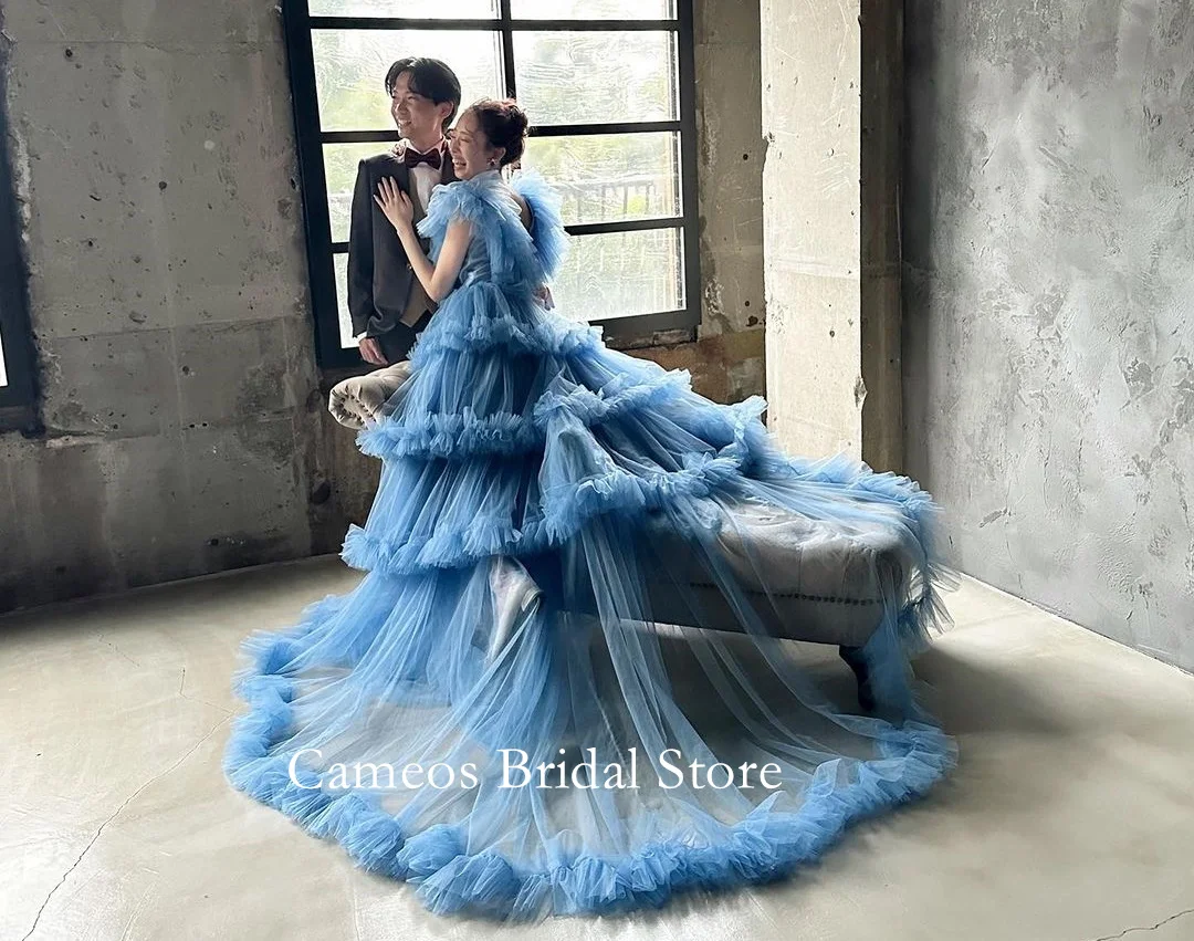 SONDR Layered Korea V-Neck Evening Dress Custom Made Formal Prom Dress Tulle Blue Backless 웨딩드레스 Occasion Party Evening Gown