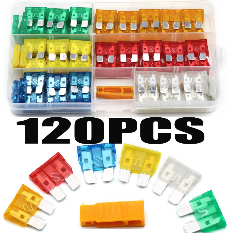 

120PCS/set 5A 10 A 15 A 20 A 25 A 30 A standard Car Medium Size Blade Fuse Vehicle Circut Connector With Clip Holder Kits