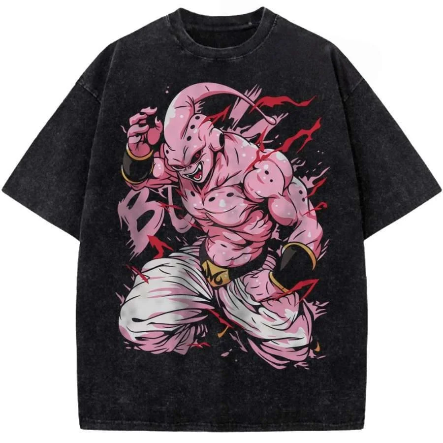 2026 Dragon Ball Majin Buu Alle Formen Vintage Gewaschenes Baumwoll-Oversize-T-Shirt Unisex Herren Damen Lässiges Anime-Grafik-Print-Tee
