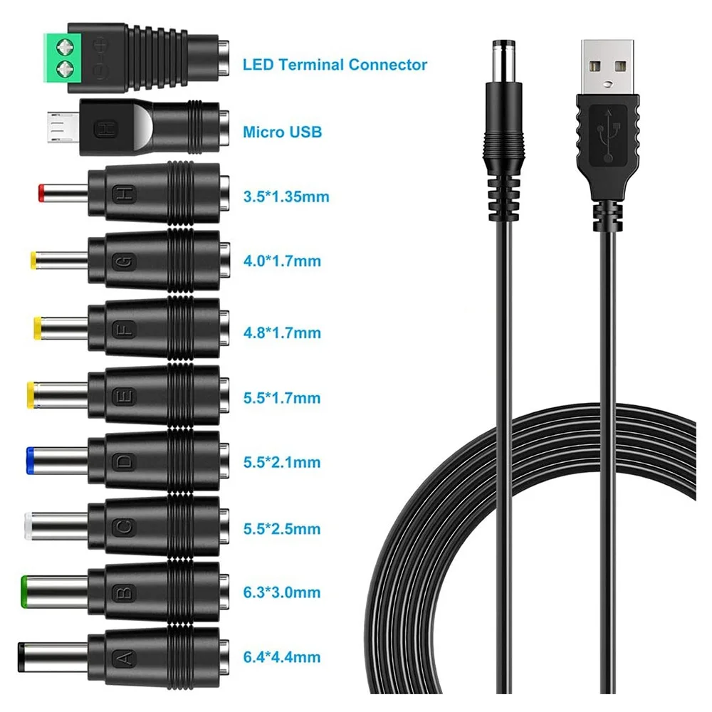 Universal USB para DC Cabo de Alimentação, Cabo de carregamento, USB para DC Jack, 10 Conectores Plug Intercambiáveis, Adaptador