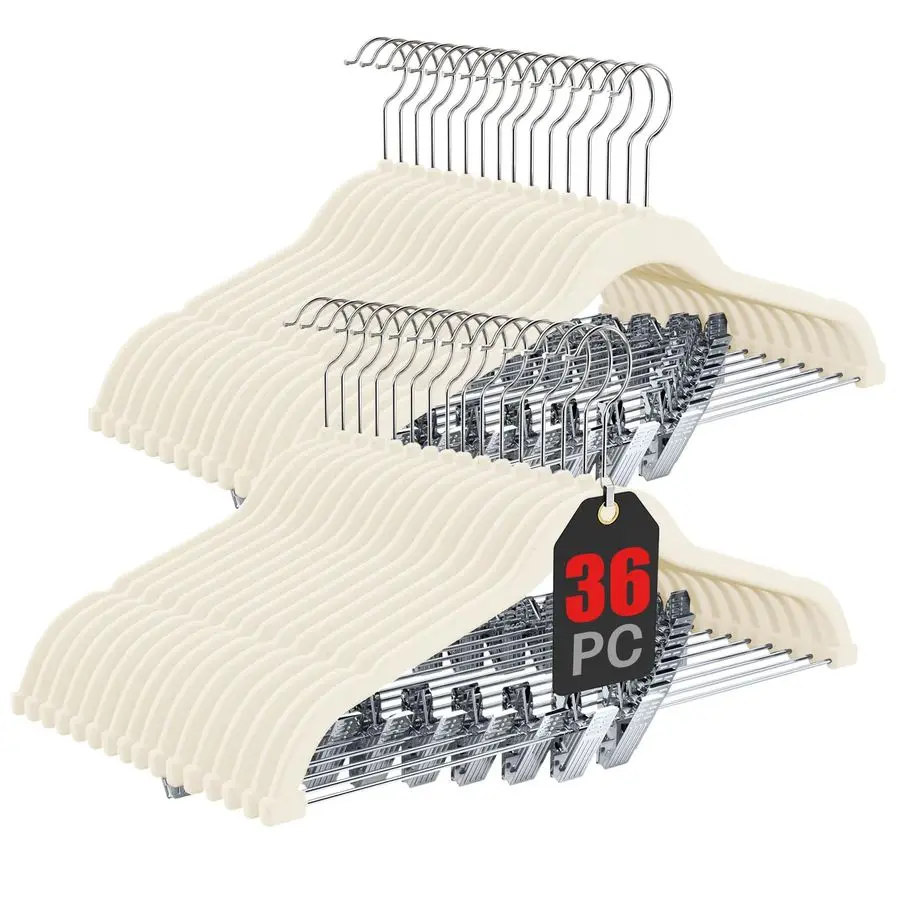 

36Pack Beige Velvet Hangers with Clips Adjustable,Adult Hangers,Outfit Hanger,HeavyDuty,Felt,NonSlip,Space Saving, for Pants, Sk