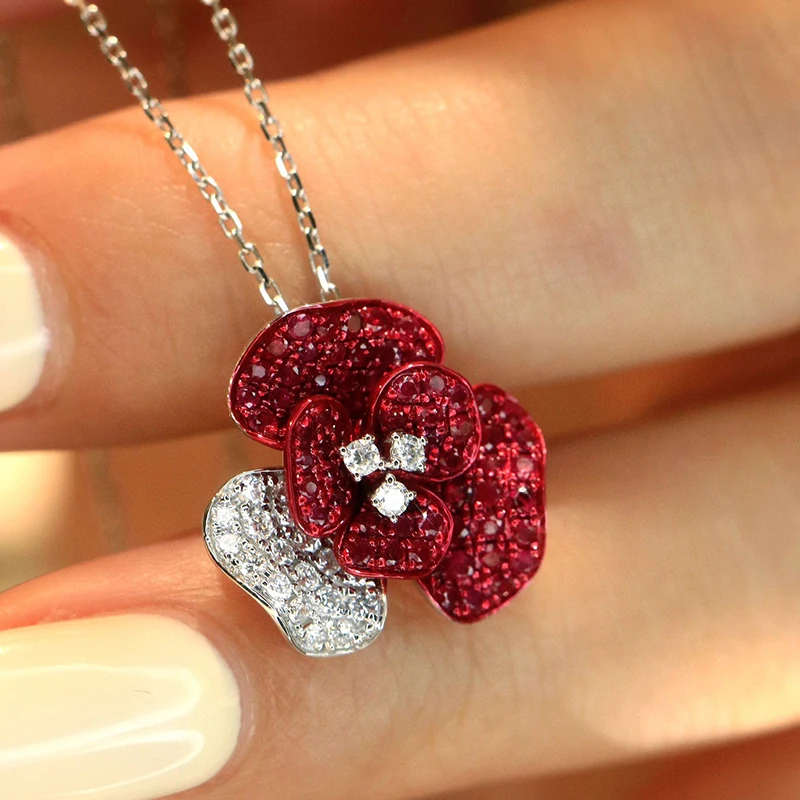 Aazuo غرامة مجوهرات 18K الذهب الأبيض الحقيقي الطبيعي روبي طقم مجوهرات فاخرة جميل زهرة قلادة هدية للنساء حفل زفاف