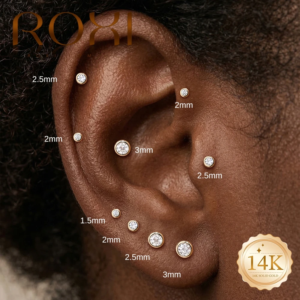 ROXI 1PC Clous d'oreilles classiques ronds sertis de zircone cubique, en or massif 14K, hypoallergéniques, à dos plat pour femmes