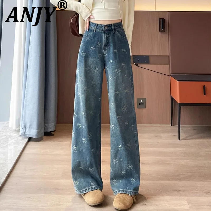ANJY Autumn Winter New Women Fashion Bowknots Print Elegant Straight Jeans Chic Ins Slimming Loose Fit Draped Denim Pants A16671
