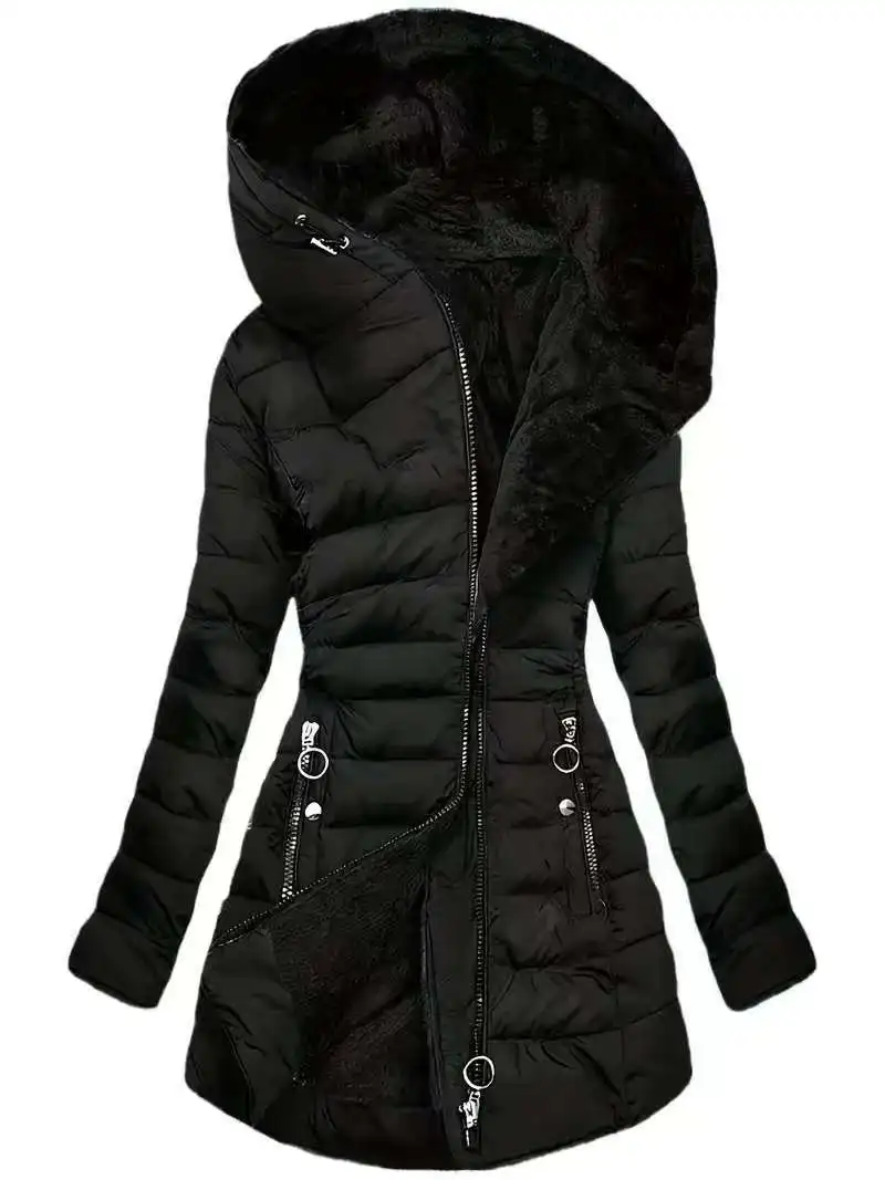 

Теплая женская хлопковая куртка с флисовой подкладкой и капюшоном, осенне-зимний стиль, повседневная удлиненная модель из утолщенной полиэстеровой ткани