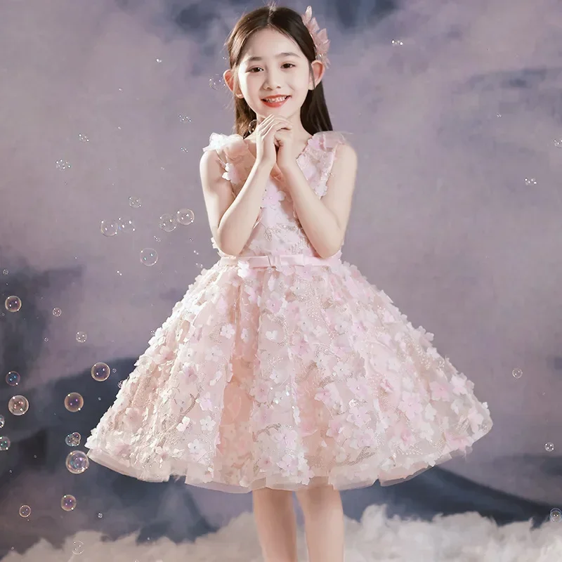 Girls' high-end dress Spring Princess dress Pink children's small host catwalk piano performance competition costume