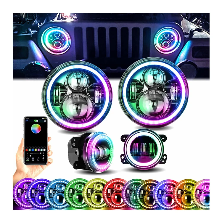 

7 Inch LED Headlight RGB Halo Headlights & 7 Inch RGB Fog Lights Bluetooth APP Control Custom Colors