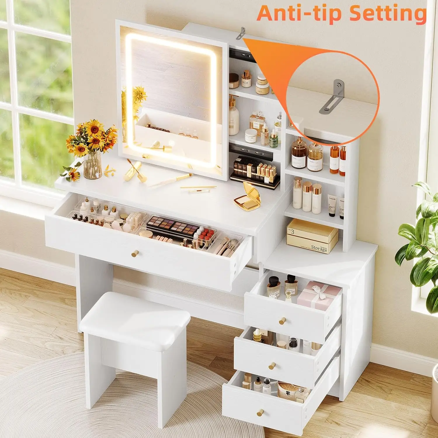 White Wooden Vanity Desk for Bedroom with 3 Adjustable Lighting Modes, Sliding Mirror, 4 Drawers and 7 Shelves view 6