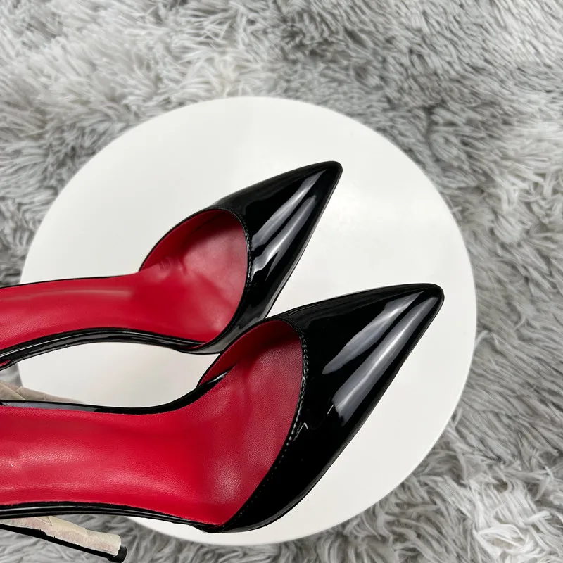 Veowalk Red Inside Women Glossy Black Pointy Toe High Heel Shoes Ankle Strap Summer Formal Dress Stiletto Pumps Plus Size 11 12