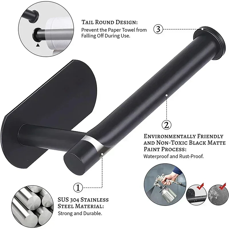 Black Self Adhesive Toilet Paper Holder, No Punching Wall Mount Roll Hanger for Bathroom Tissue, Kitchen Towel, or Home Vanity