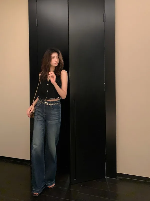 

Классические ретро-джинсы с высокой талией и широкими штанинами, синие, женские, прямого кроя, из хлопкового денима, от Long Xier