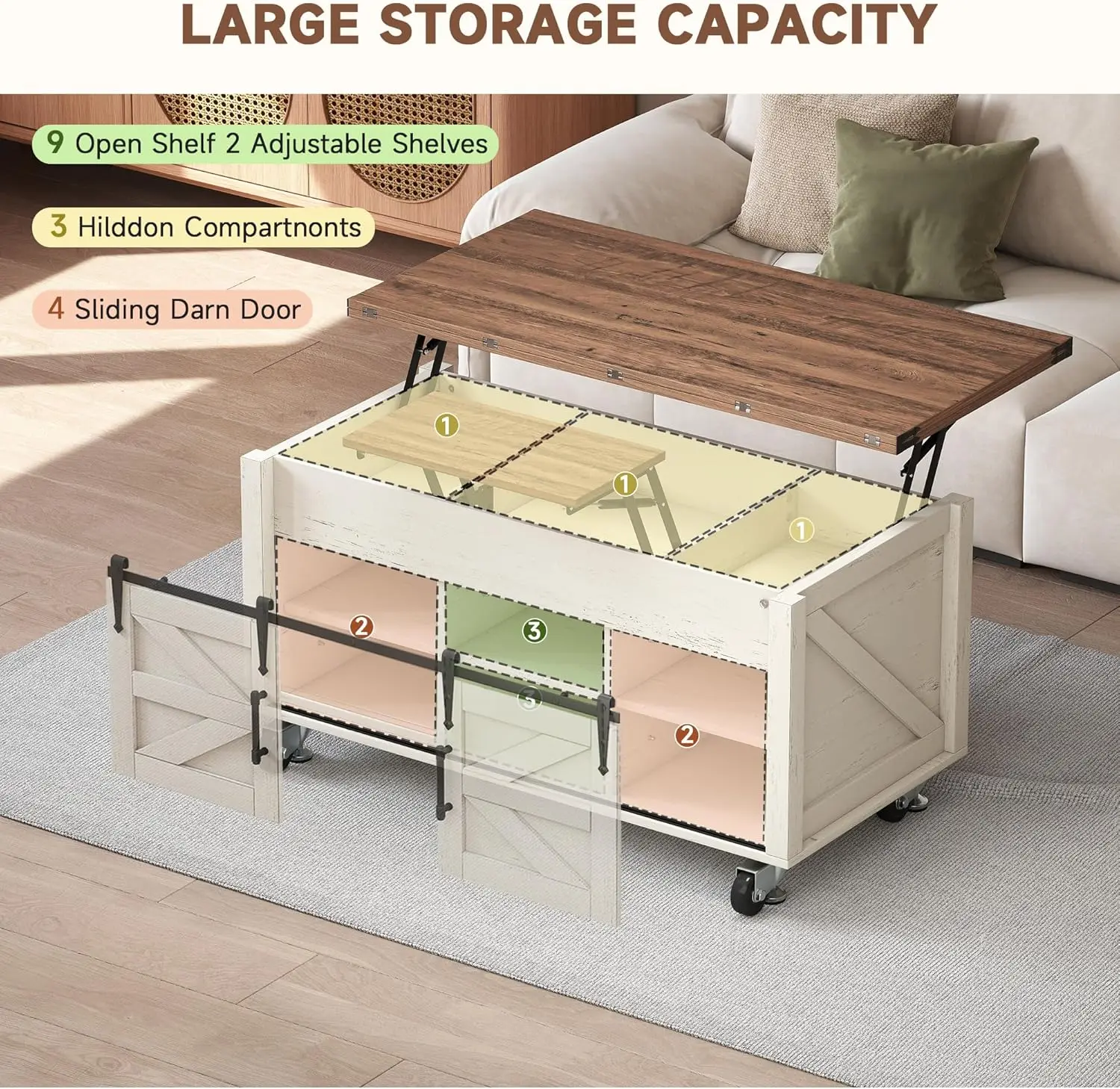 Mesa de centro rústica branca de fazenda de 40" - Mesa superior elevatória bilateral quadrada com porta deslizante de celeiro e grande armazenamento oculto