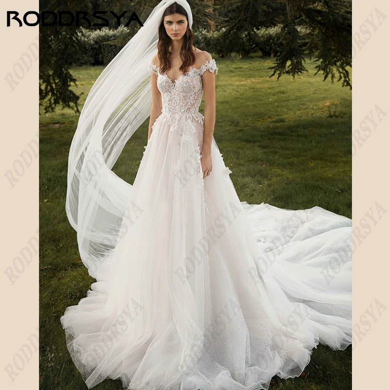 

RODDRSYA Sweetheart Off Shoulder Wedding Dress For Women Lace Up Backless Vestido De Noiva A-Line Appliques Tulle Bridal Gown