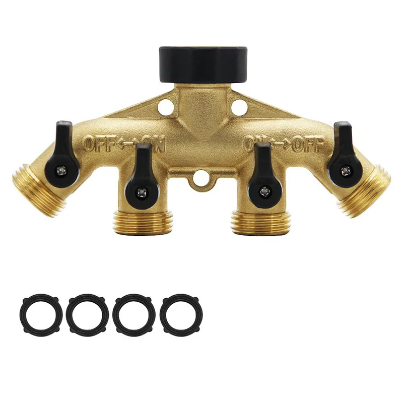 

4 Way Brass Hose Splitter, Heavy Duty Garden Hose Connector With 4 Shut-Off Valves 3/4 For Garden Irrigation Watering