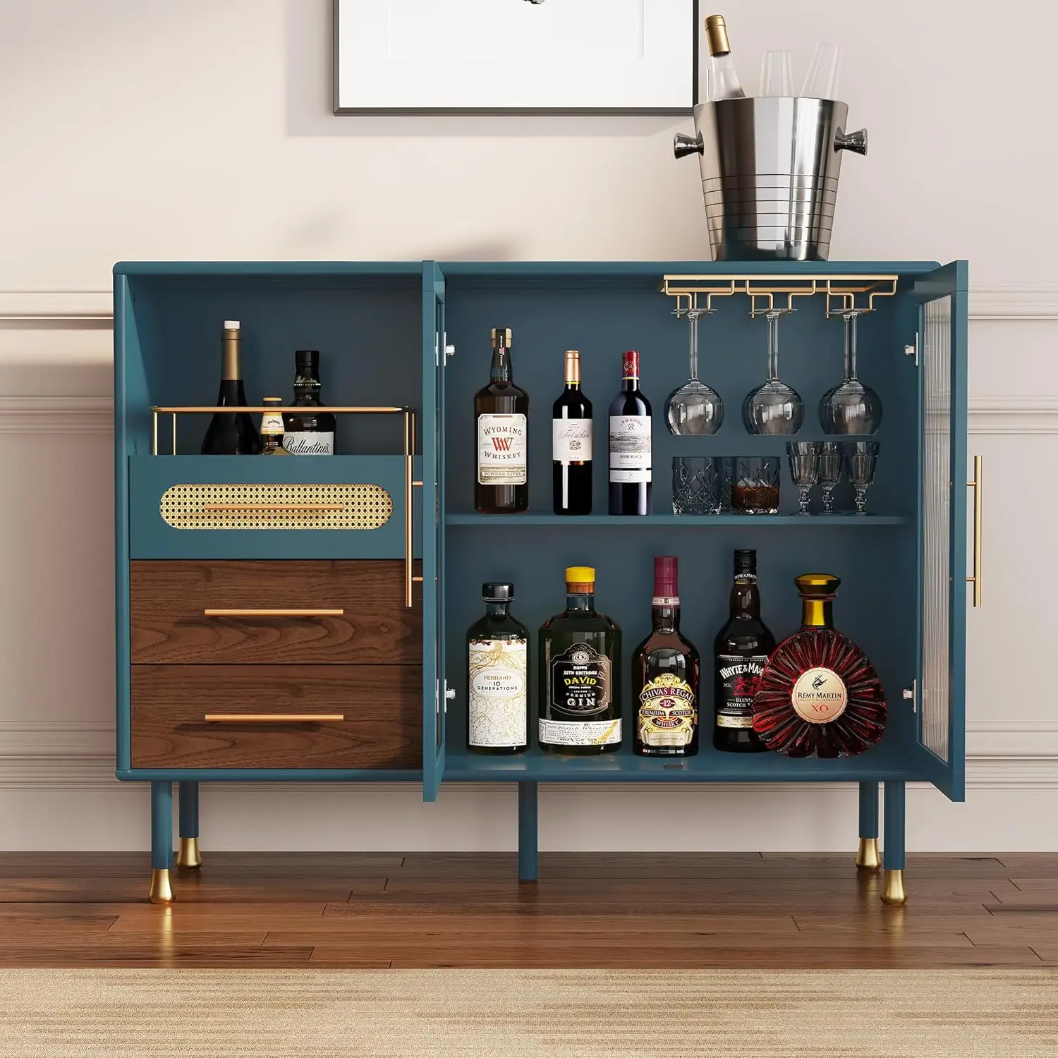 Armadietto da bar da caffè da 48 pollici con portabottiglie e cassetti, credenza moderna da buffet con contenitore per vino estraibile, carrello da bar per liquori