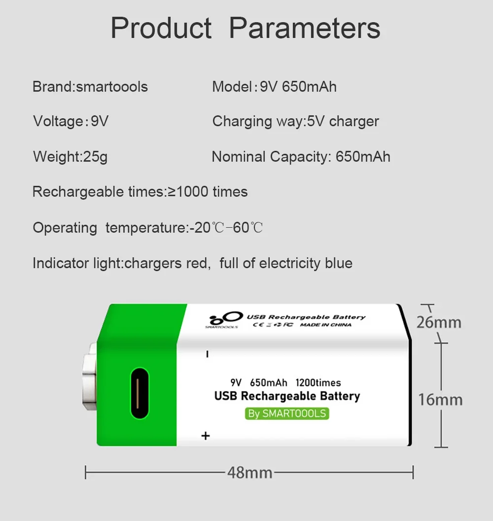 Batería recargable de litio de 9V y 650mAh, carga USB, batería cuadrada de iones de litio de 9 v para juguete, Control remoto, multímetro KTV,