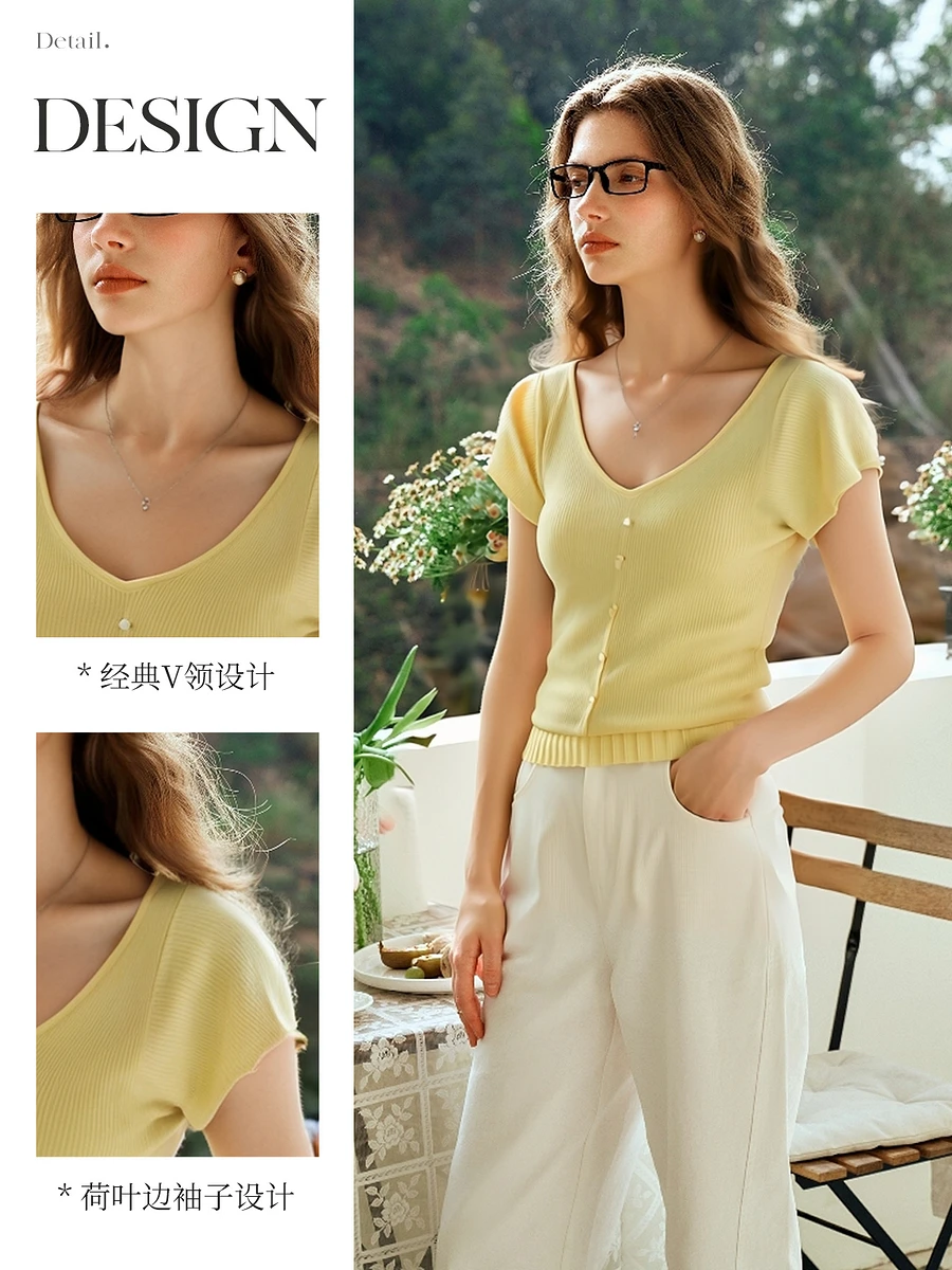 OLrain-suéter de punto francés amarillo para mujer, jersey de manga corta, Tops de punto de verano, jerséis ajustados para mujer O57XZ99068